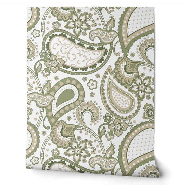 Papier Peint Retro Mod Paisley Olive Sage Green Beige (Déroulement)