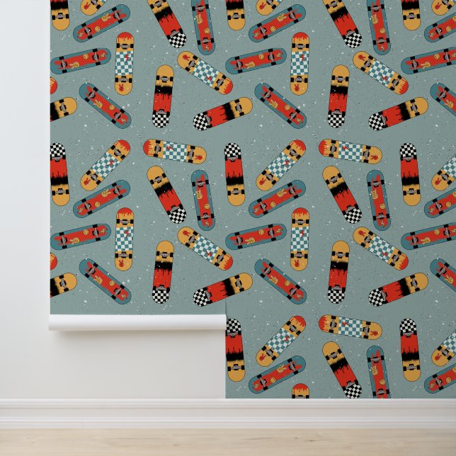 Papier Peint Retro Skateboard Blue Cool Motif enfants (Application)