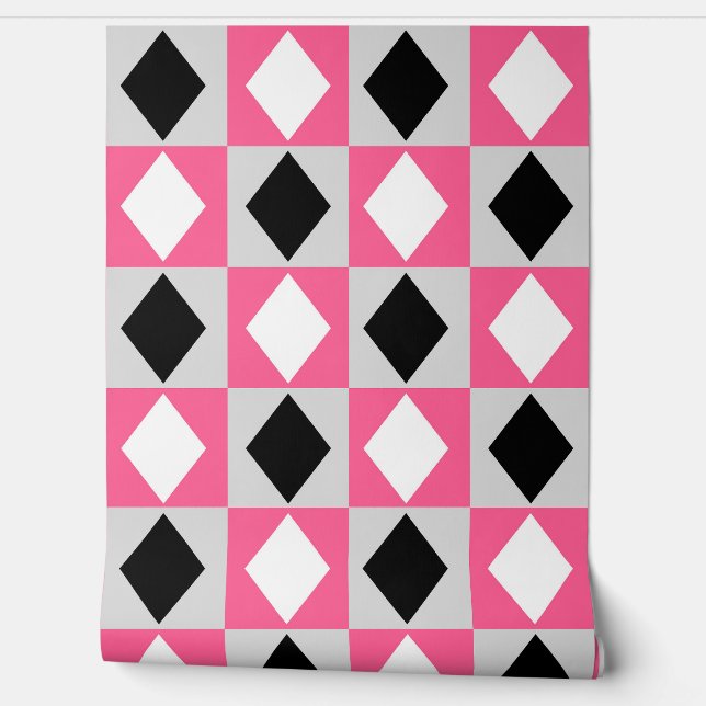 Papier Peint Rhombus rose noir blanc diamant (Déroulement)