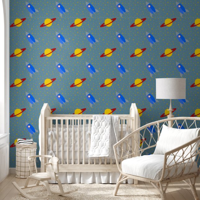 Papier Peint Rocketship to Saturn Design (Enfants)
