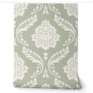 Papier Peint Rococo Damask grand motif crème sur vert