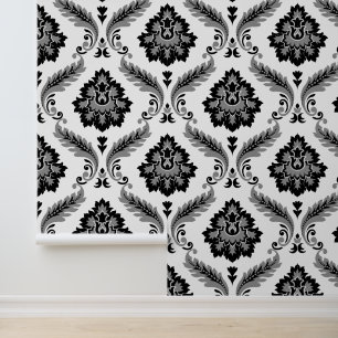 Papier Peint Rococo Damassé Grand Motif Gris Noir Blanc