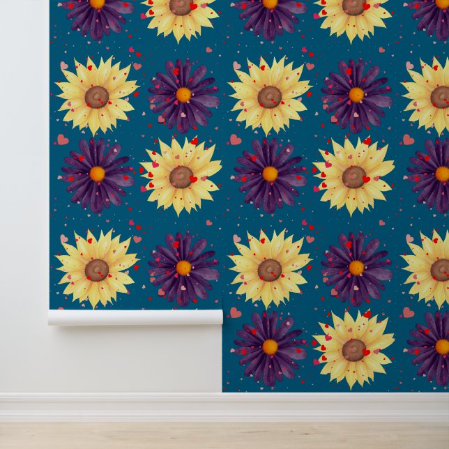 Papier Peint Romantic Sunflower Heart Teal Textured (Application)