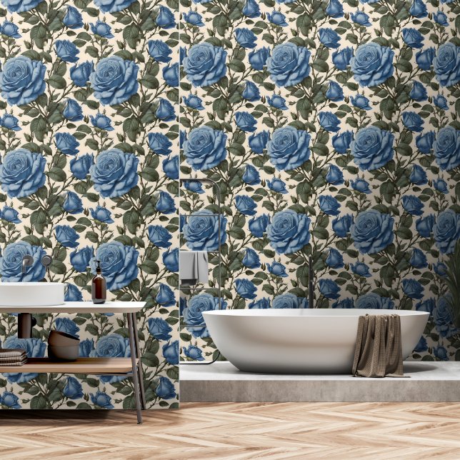 Papier Peint Rose anglais bleu, (Salle de bain)