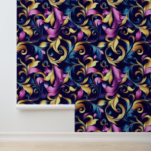 Papier Peint Rose, Bleu, Or, Motif à souffle feuille