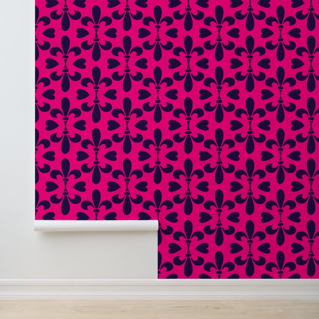 Papier Peint Rose chaud et bleu profond Fleur De Lys Motif (Application)