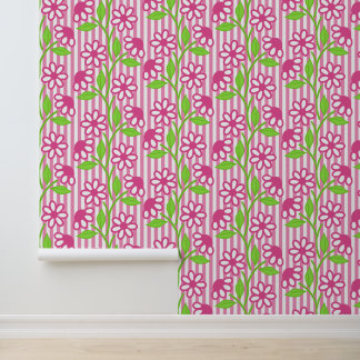 Papier Peint Rose Chaude & Floral Lime sur Rayures de Cabane
