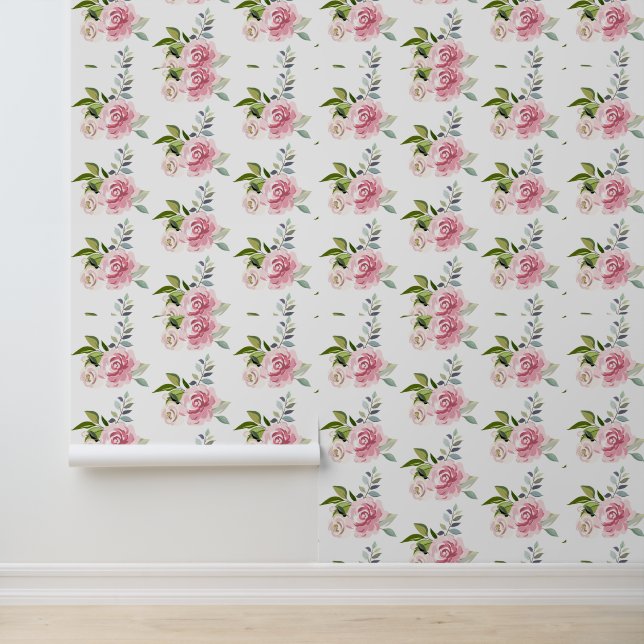 Papier Peint Rose Floral Vert Feuillage Aquarelle Chic (Application)