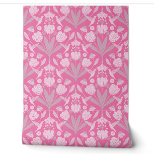 Papier Peint Rose rose tendre scandinave floral oiseaux-mouches