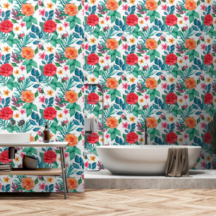 Papier Peint Rose rouge orange vert et bleu Feuille
