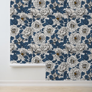Papier Peint Roses blanches avec feuilles bleus sur blanc