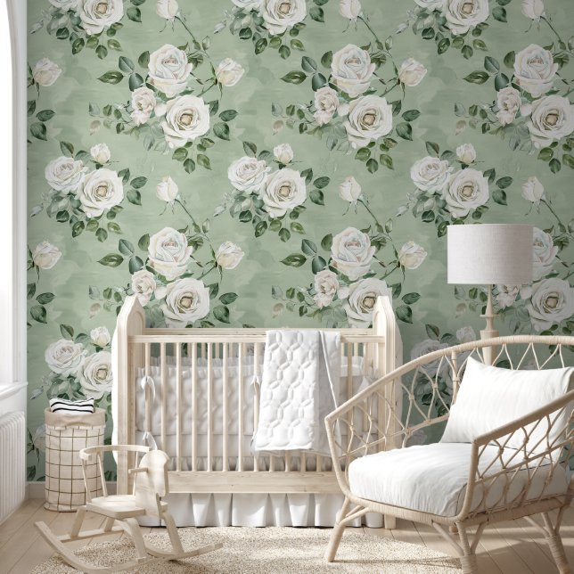 Papier Peint Roses blanches en vert clair (Enfants)