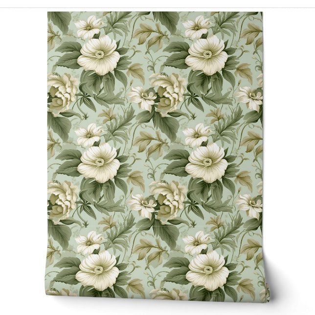 Papier Peint Roses chic chic, vert floral et ivoire (Déroulement)