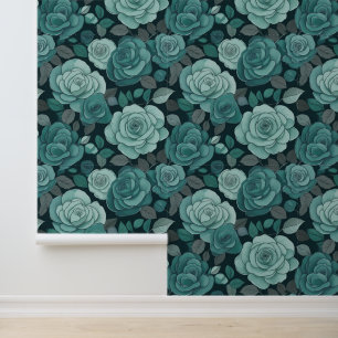 Papier Peint Roses d'Escalades vintages Turquoise gris victorie