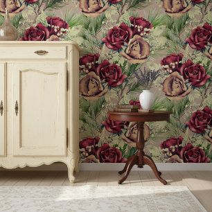 Papier Peint Roses Élégants vintages Et Pin Sur Bois