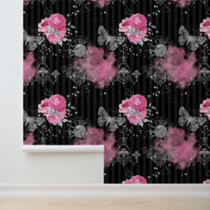 Papier Peint Roses roses roses Parties scintillant Argent Papil
