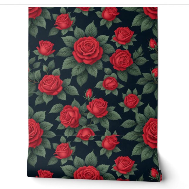 Papier Peint Roses rouges élégantes avec Feuilles verts luxuria (Déroulement)