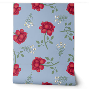Papier Peint Roses rouges sur bleu clair Calico surdimensionné