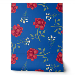 Papier Peint Roses rouges sur bleu moyen Calico surdimensionné