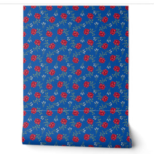Papier Peint Roses rouges sur Calico bleu moyen