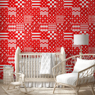 Papier Peint Rouge blanc Mixte Motif Patchwork Design
