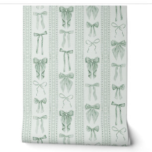 Papier Peint Rubans Vert Sauge et Rayures Verticales en Dentell