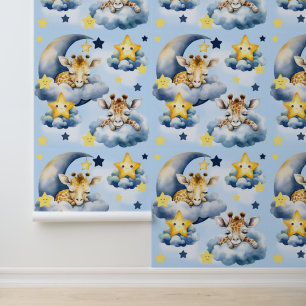 Papier Peint Safari Animal Baby Giraffe Moon Cloud Star Nursery