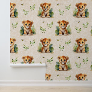Papier Peint Safari Animaux Baby Lion Cub Vert sur Crème