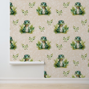 Papier Peint Safari Animaux Bébé Alligator Verdure sur crème