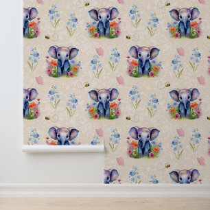 Papier Peint Safari Animaux Bébé Eléphant Floral sur crème