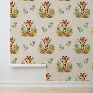 Papier Peint Safari Animaux Bébé Girafe Verdure sur crème