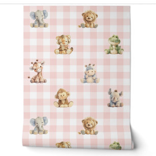 Papier Peint Safari Animaux Jouets Pink Plaid Baby Girl Nursery