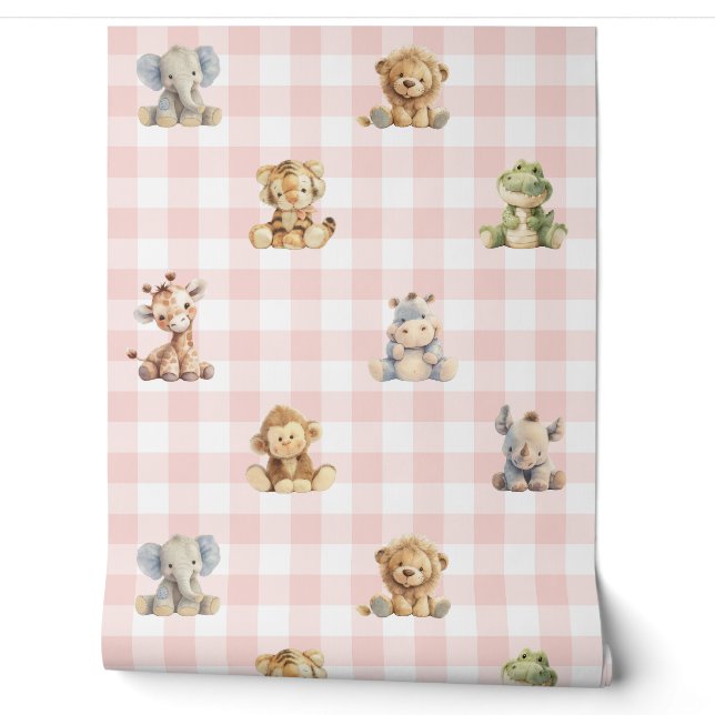 Papier Peint Safari Animaux Jouets Pink Plaid Baby Girl Nursery (Déroulement)