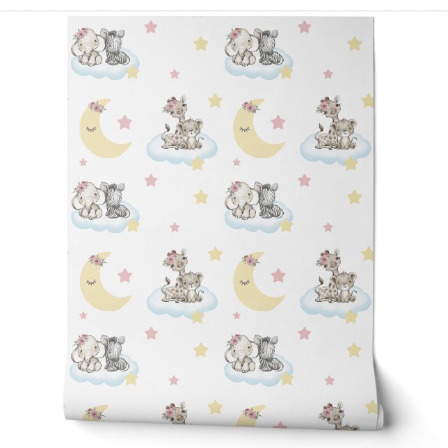 Papier Peint Safari Animaux Nuages Étoiles Lune Baby Girl Nurse (Déroulement)