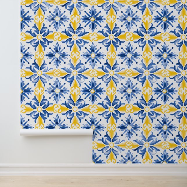 Papier Peint Salle de Motif méditerranéenne Carrelage bleu Jaun (Application)