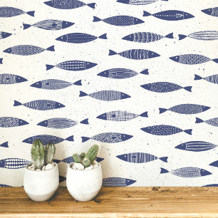 Papier Peint Sardine Poisson Navy Bleu Blanc Côté Mer