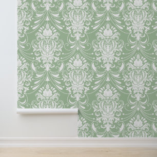 Papier Peint Sauge blanche verte motif damassé ornemental vinta