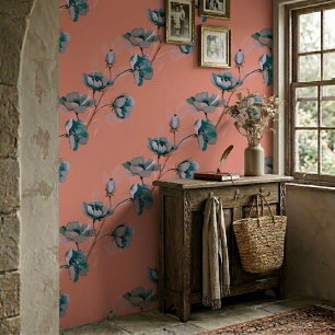 Papier Peint Saumon Fleurs Bleues Rayures Aquarelle Vintage