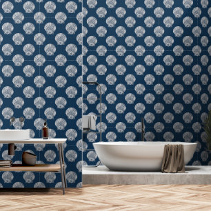 Papier Peint Sea Shells White sur Dark Blue Beach Wallpaper