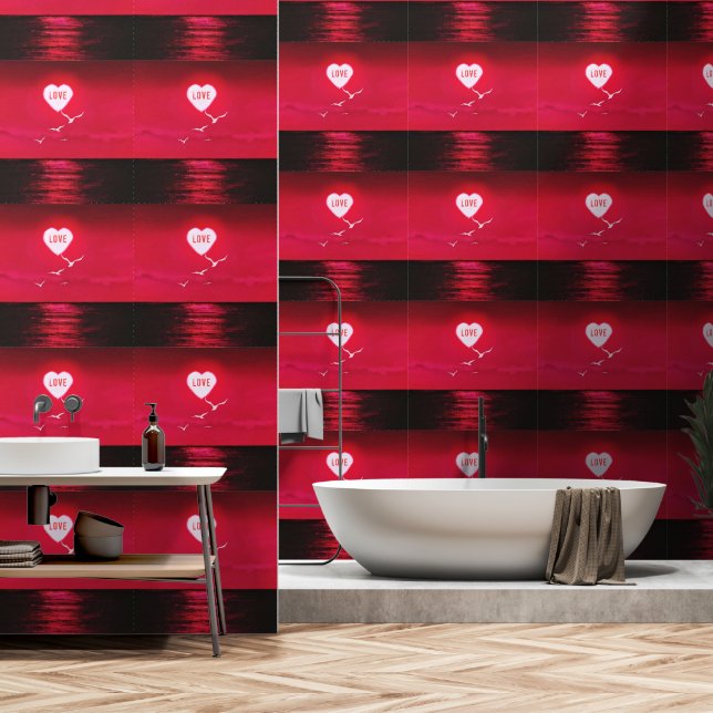 Papier Peint Sea Sunset Love Coeur Soleil Romantique Rouge (Salle de bain)