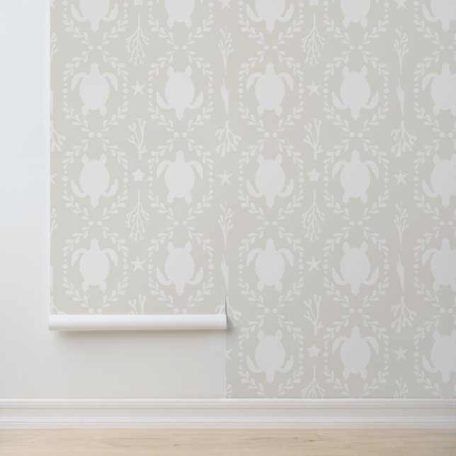 Papier Peint Sea Turtles and Starfish Coastal in Light Beige (Application)