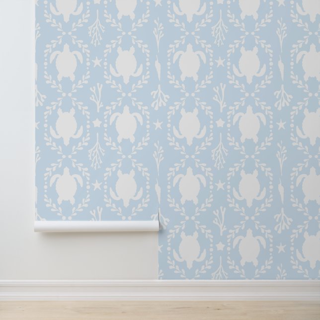 Papier Peint Sea Turtles Coastal White and Light Blue (Application)