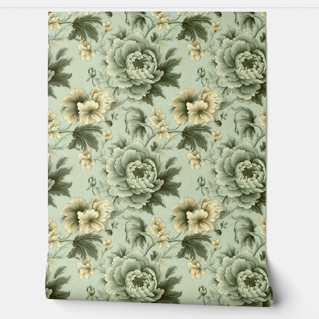 Papier Peint Shabby chic sauge vert blanc fleurs vintages (Déroulement)