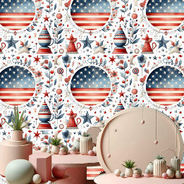 Papier Peint Shabby Chic Star Stripes Rouge Bleu et Blanc Paste