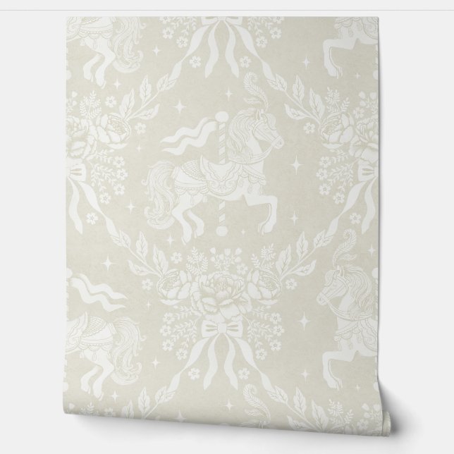 Papier Peint  Soft Neutral Rococo Carousel Horses & Florals (Déroulement)