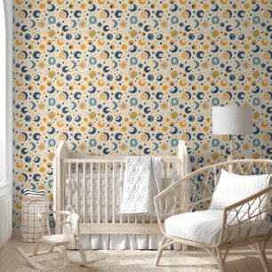 Papier Peint Soleil et Lune Bleu Jaune