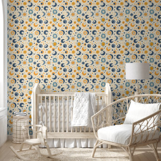 Papier Peint Soleil et Lune Bleu Jaune
