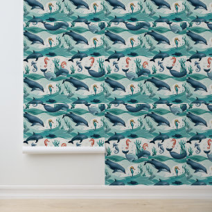 Papier Peint Sous la mer avec dauphins et hippocampes amovibles