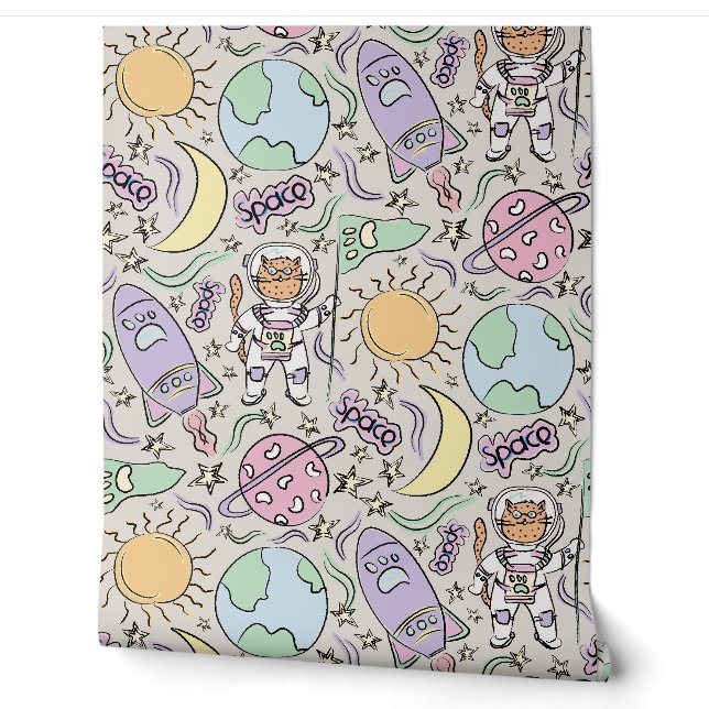 Papier Peint Space Cat - Cat Doodles - Astronaut Animals (Déroulement)