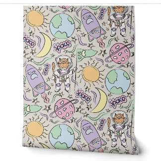 Papier Peint Space Cat - Gribouillis de Chat - Animaux Astronau